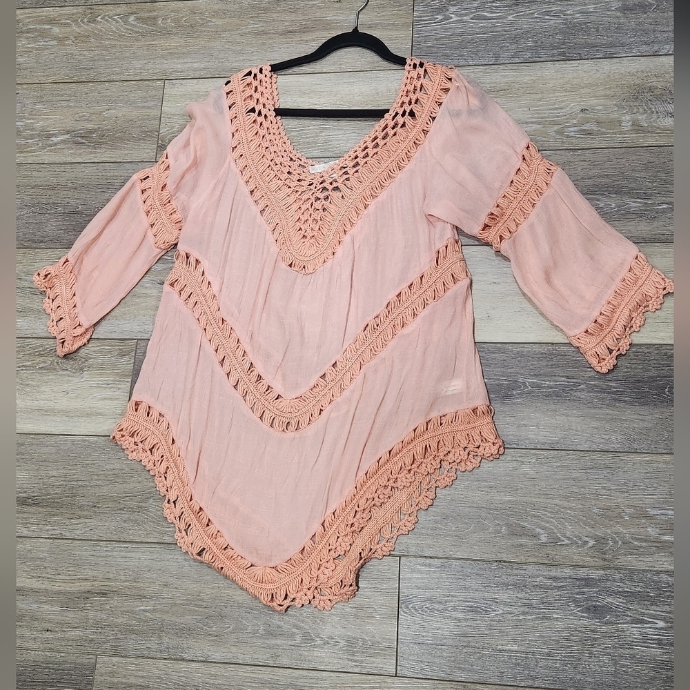 Boston Proper Coral Crochet Accent Tunic Size Xlarge Summer Boho - Picture 5 of 8